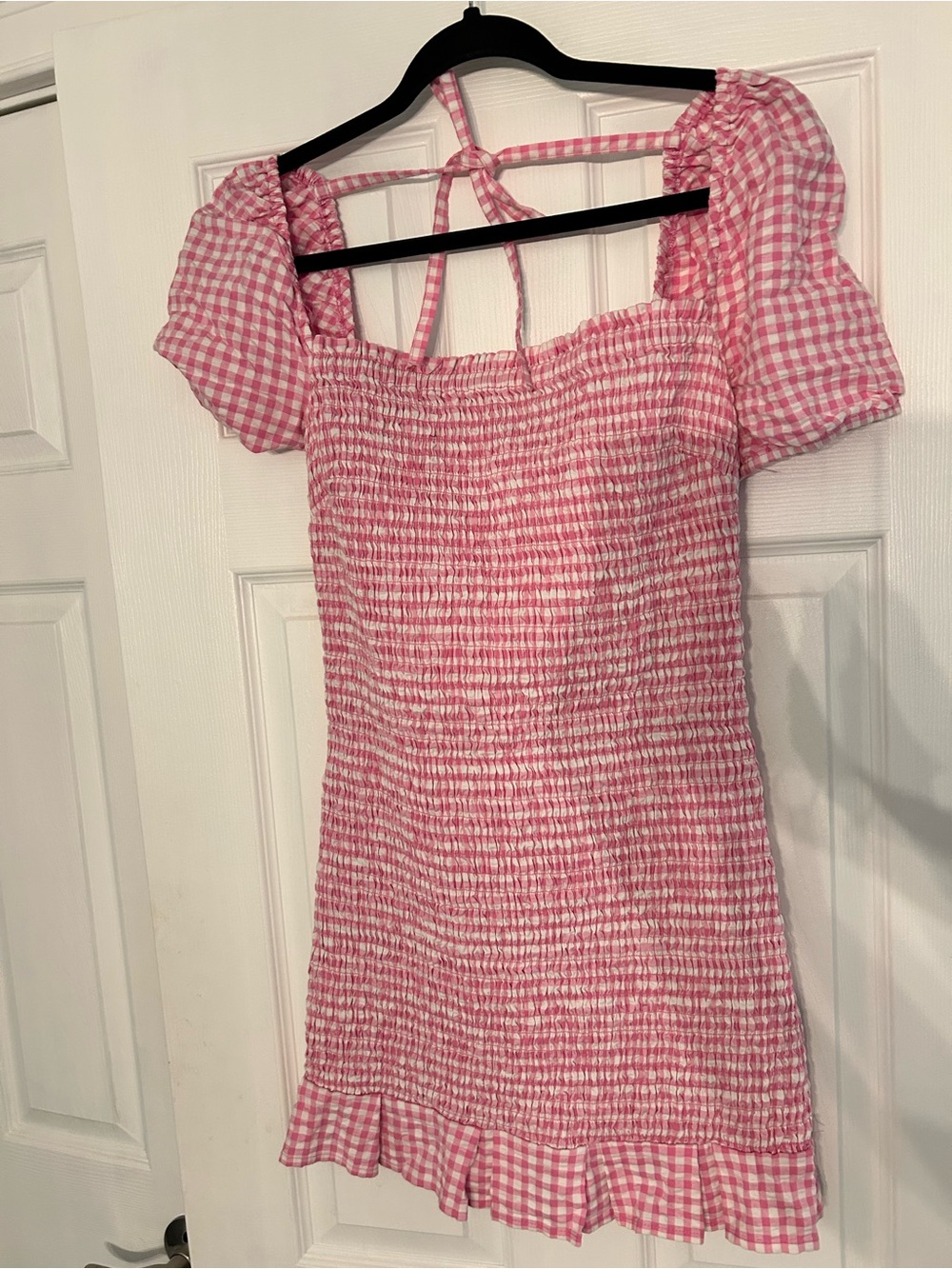 Guess Pink Gingham Smocked Mini Dress with Puff Sleeves